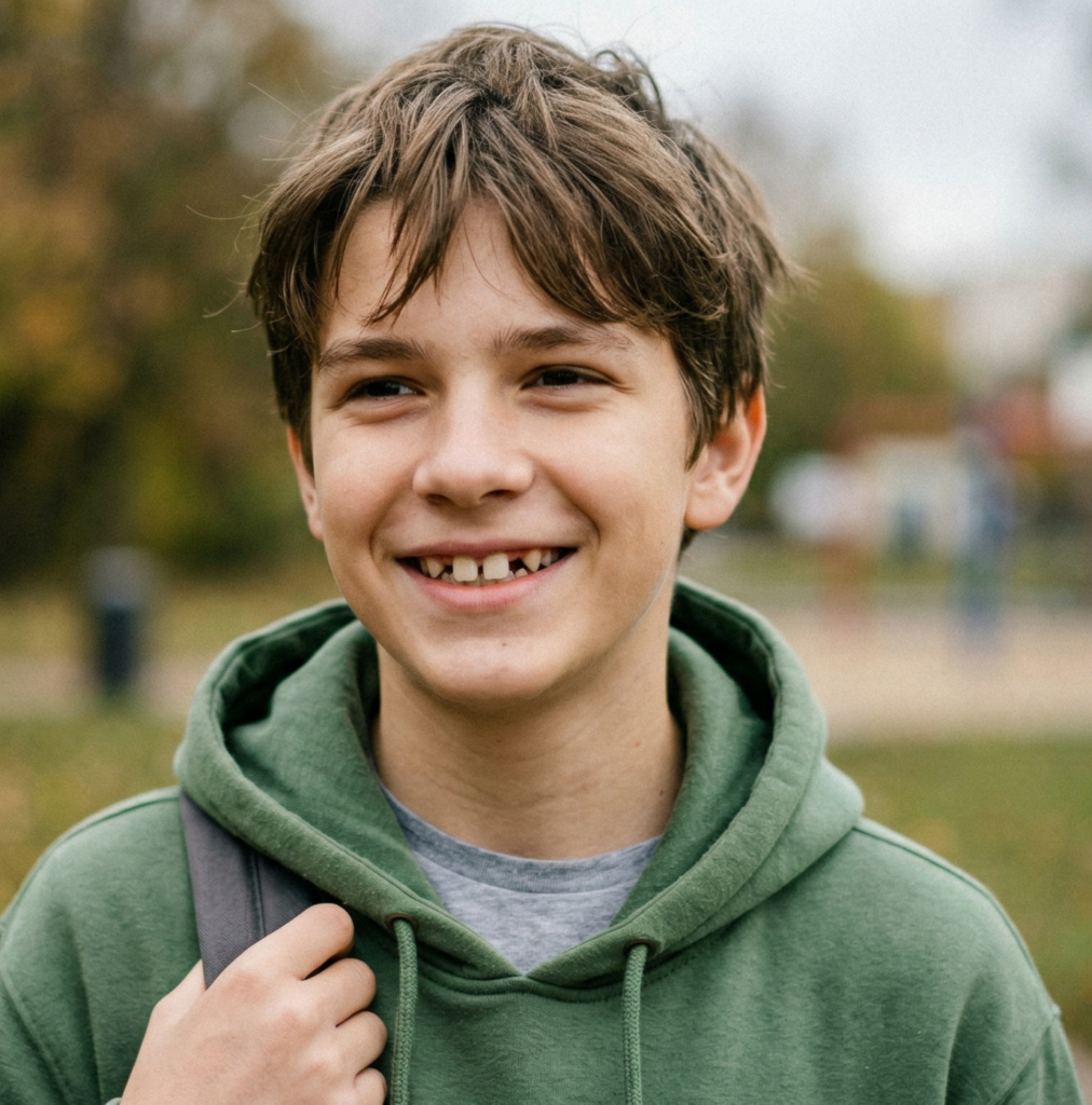 A medium close-up photo of a smiling young teenage boy with messy brown hair, wearing a green hoodie and grey t-shirt, who is missing some front upper teeth, standing in an outdoor autumnal park.
