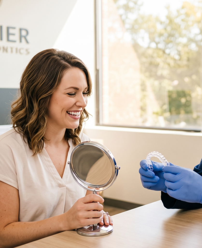 Dr. Hugh Murphy, a male prosthodontist in blue scrubs and gloves, smiling while holding clear aligner trays for a smiling female patient in a sunlit office. The Premier Prosthodontics logo and a name plaque are visible in the background.