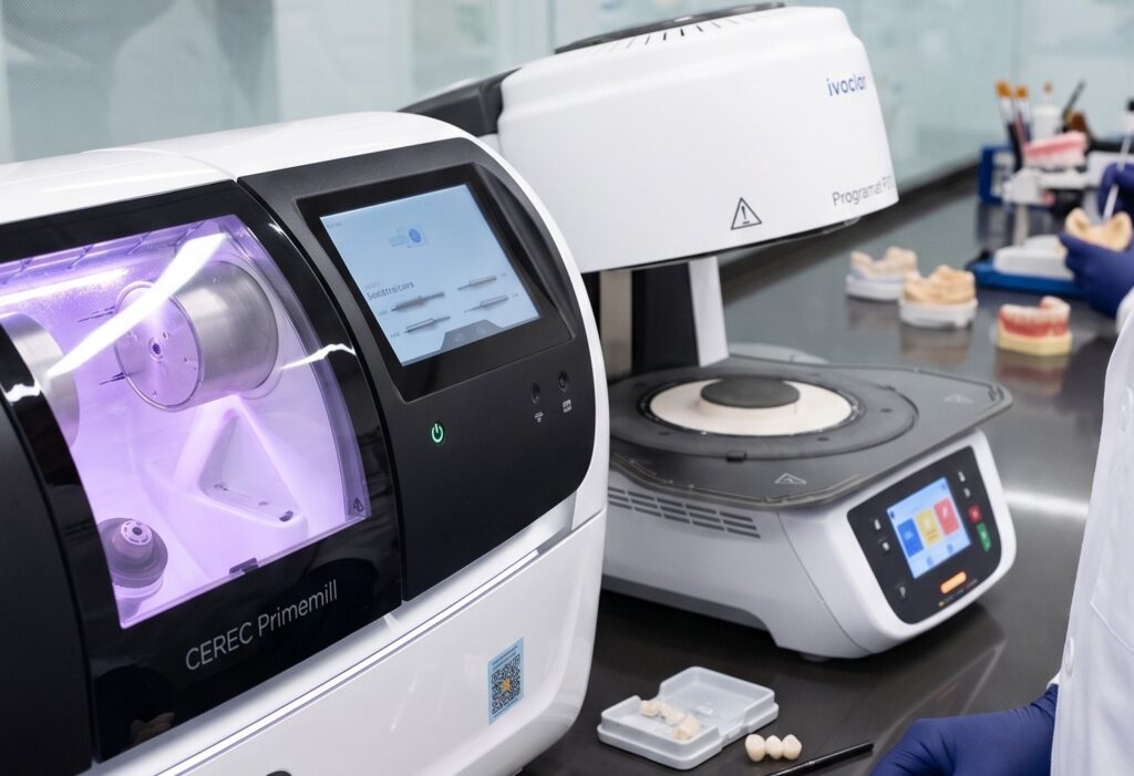 A dental technician's gloved hands meticulously manage the workflow between the Dentsply Sirona CEREC Primemill and the Ivoclar Programat P310 furnace inside the premier prosthodontics in-house laboratory, showing the creation of precise, same-day crowns and bridges.